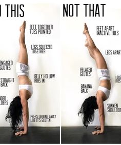 a woman doing a handstand in front of a wall with the words, not that