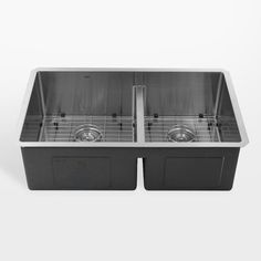 stainless steel double bowl kitchen sink with two drainers and grids on the bottom