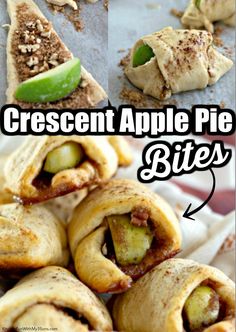 some food that is cut in half and sitting on top of each other with the words, crescent apple pie bites