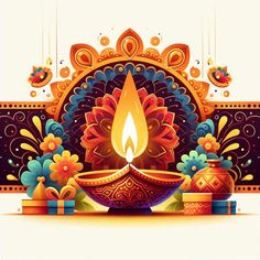 a colorful diya with flowers and candles on the occasion of diwaling it