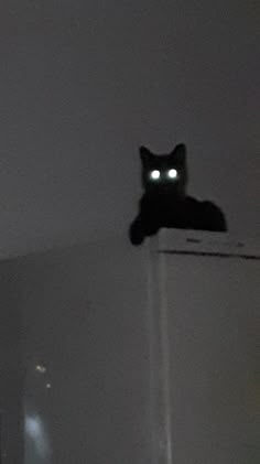 a black cat with glowing eyes sitting on top of a refrigerator