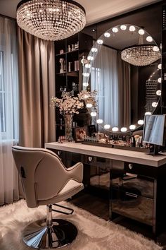 a vanity with lights and a chair in front of it