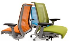 three office chairs with different colors and designs on them, one is green, the other is orange