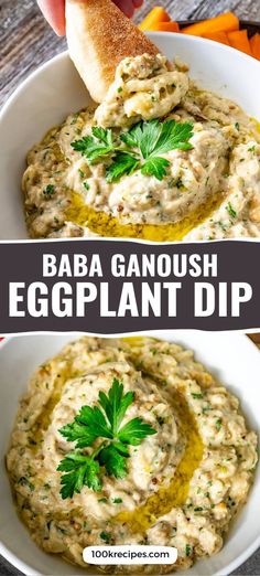 an eggplant dip in a white bowl with parsley on top and the words baba ganoush eggplant dip above it