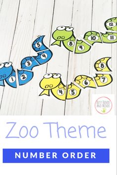 the zoo theme number order game is shown in blue and green with numbers on it