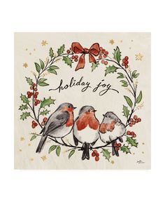 a holiday card with three birds sitting in a wreath on top of holly leaves and berries