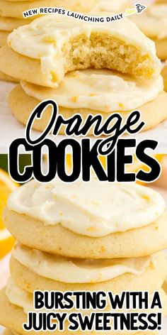 orange cookies are stacked on top of each other with white frosting in the middle