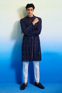 Blue kurta with resham, gold sitara embellishment in stripe pattern. Paired with pant. - Aza Fashions Kurta Set Men, Kurta Pants, Wedding Outfits For Groom, Men Kurta, Vacuum Storage, Indian Wedding Wear, Haldi Ceremony, Kurta With Pants, Band Collar