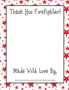 a red and white thank card with stars on it, that says, thank you firefighter