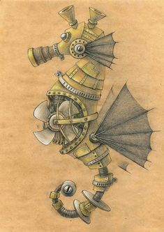 an artistic drawing of a steampunk dragon