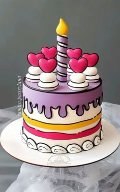 a birthday cake decorated with hearts and a candle