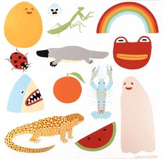 an image of various animals and plants on a white background with oranges, watermelons