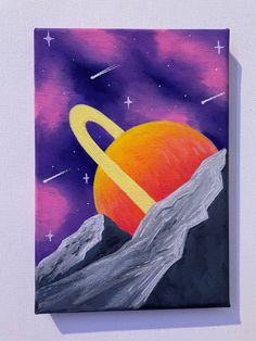 an acrylic painting of the planet saturn with mountains and stars in the background