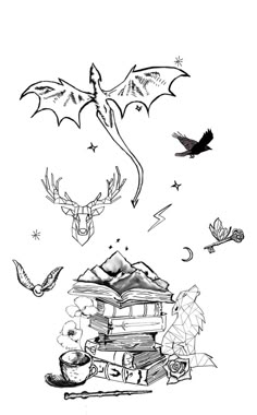 a black and white drawing of a dragon flying over a pile of books with other items