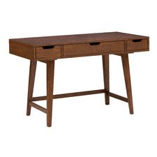 a wooden desk with two drawers on one side and an open drawer on the other