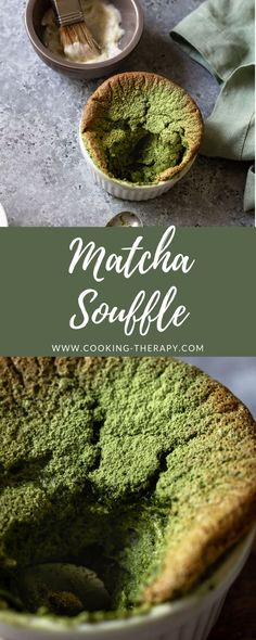 matcha souffle in a white bowl on a table