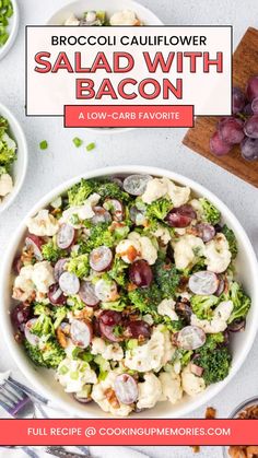 broccoli cauliflower salad with bacon in a white bowl on a table