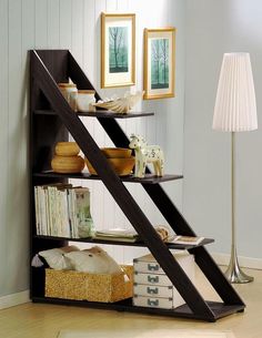 a bookshelf with shelves and baskets on the bottom shelf, holding various items