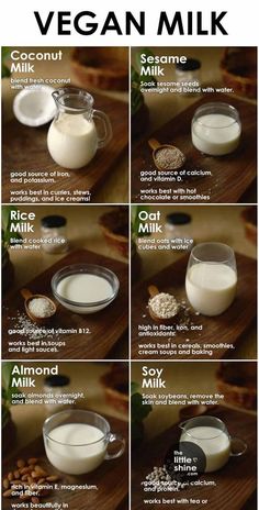 how to make vegan milk for breakfast and desserts, with pictures on the side