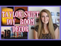 a woman standing in front of a purple and white photo with the words taylor swift diy room decor