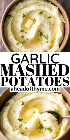 garlic mashed potatoes in a bowl with butter and parsley