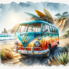 an old vw bus with surfboards on the roof is parked at the beach