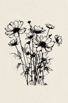 black and white drawing of flowers in a vase