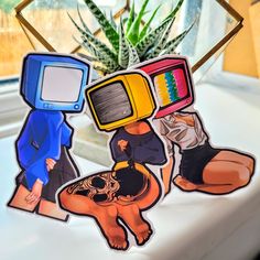 two stickers depicting people sitting on a window sill with televisions in them