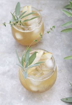 two glasses filled with drinks and garnished with leaves