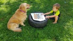 a young boy playing checkers with his dog on the grass in front of him