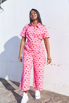 Ragan Jumpsuit: ORGANIC COTTON - Cupid – Lucy & Yak Pink Heart Print, Lucy And Yak, Short Sleeve Jumpsuit, Cotton Jumpsuit, Style Mistakes, Turn Up, Heart Print, Hat Hairstyles, Pink Heart