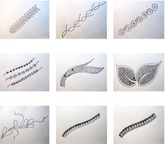 six different types of drawings on paper with lines and dots in the shape of leaves