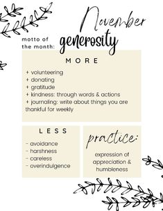 use this sheet as a reminder all month, print it out/Pin it, set your own goals! 

November,  Thanksgiving, give back, give thanks, monthly goals, monthly motto, healthy living, growth mindset, self-development Goals For Each Month