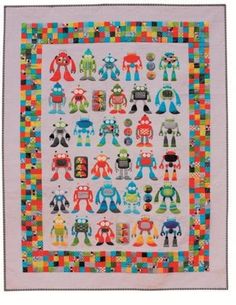 a quilt with many robots on it, including one robot and the other an alien