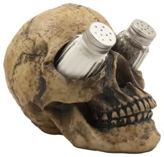 a skull with two salt and pepper shakers on it's head