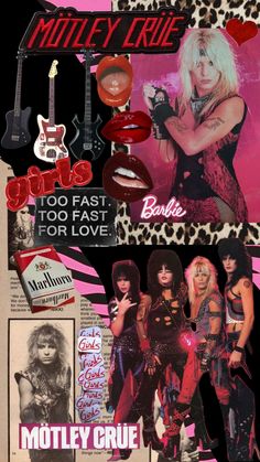 the collage is made up of many different pictures and words, including lipstick, guitars,