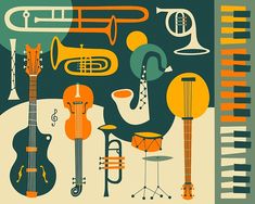 various musical instruments are arranged on a green background