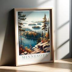 the minnesota poster is hanging on the wall in front of a window with sunlight streaming through it