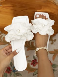 White  Collar     Embellished   Women Shoes Cute Summer Sandals Flats, Wedding Shoes Beach Brides, Bride Beach Shoes, Boho Pearl Wedding, White Wedding Sandals, Wedding Flip Flops For Bride, Bride Flat Shoes, Wedding Slides, Fancy Shoes Flats