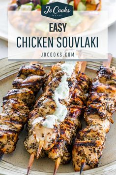 chicken skewers on a plate with the title overlay reads easy chicken souvlaki