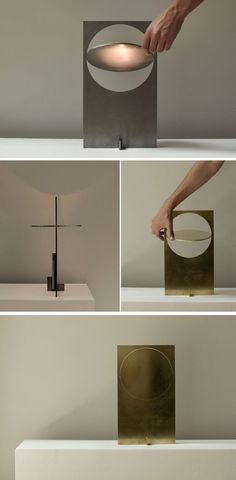 four different views of a lamp on a table