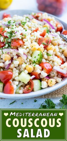 a close up of a salad in a bowl with the words mediterranean couscous salad