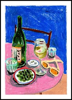 a painting of food and wine on a table