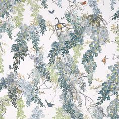 a wallpaper with blue and green flowers on white background that has birds sitting on the branches