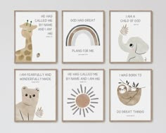 four children's wall art prints featuring animals