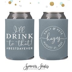 two gray can coolers with white lettering and gold confetti on the side