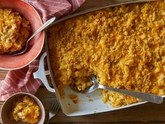 a casserole dish filled with macaroni and cheese