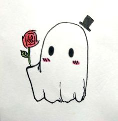 a drawing of a ghost with a rose in it's mouth and a top hat on