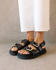 Harper Black Sandal Chunky Black Sandals, Statement Sandals, Two Strap Sandals, Sandals Outfit, Sustainable Leather, Chunky Sandals, Black Leather Sandals, Slingback Sandals, Slingback Sandal