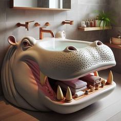 the hippo bathtub is designed to look like it has its mouth open and teeth out